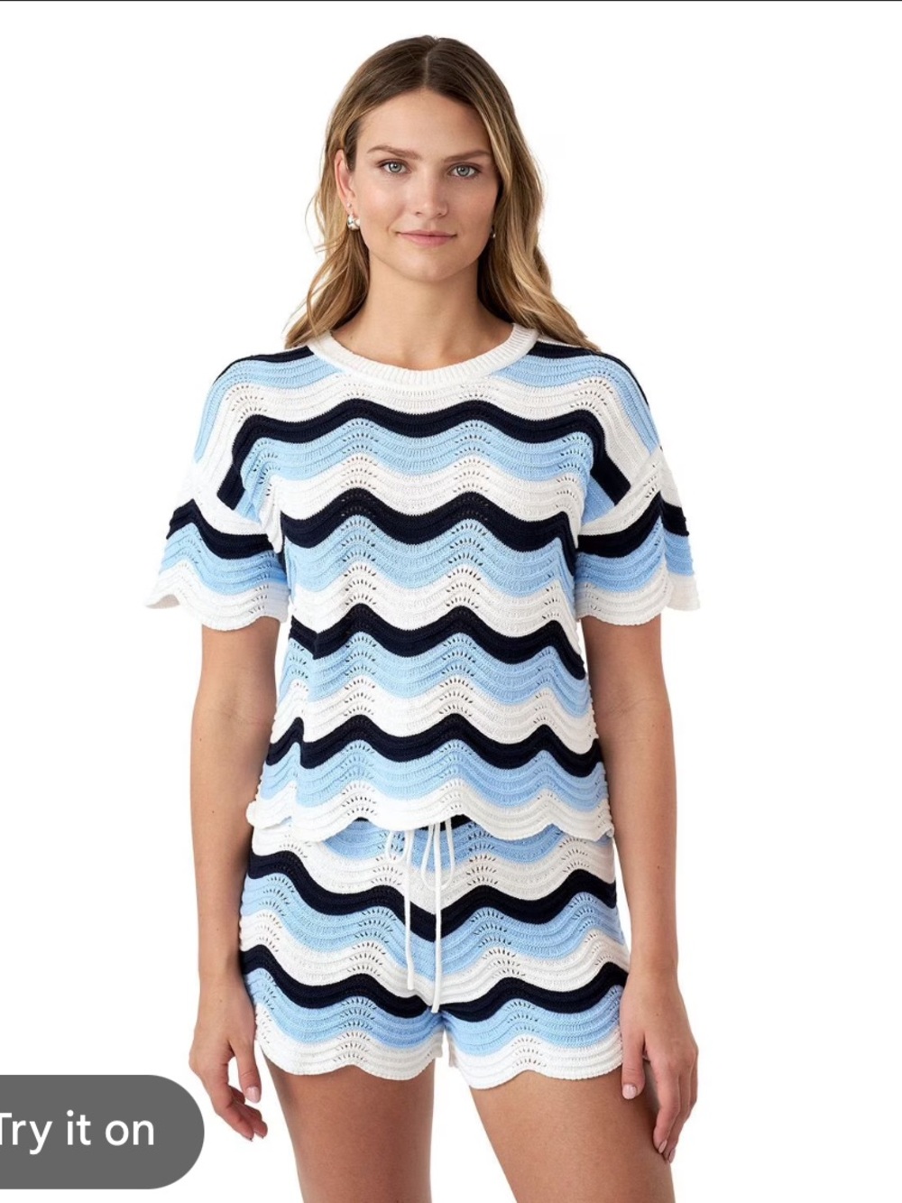 Women's Crochet Shirt and Shorts Set in Blue/White